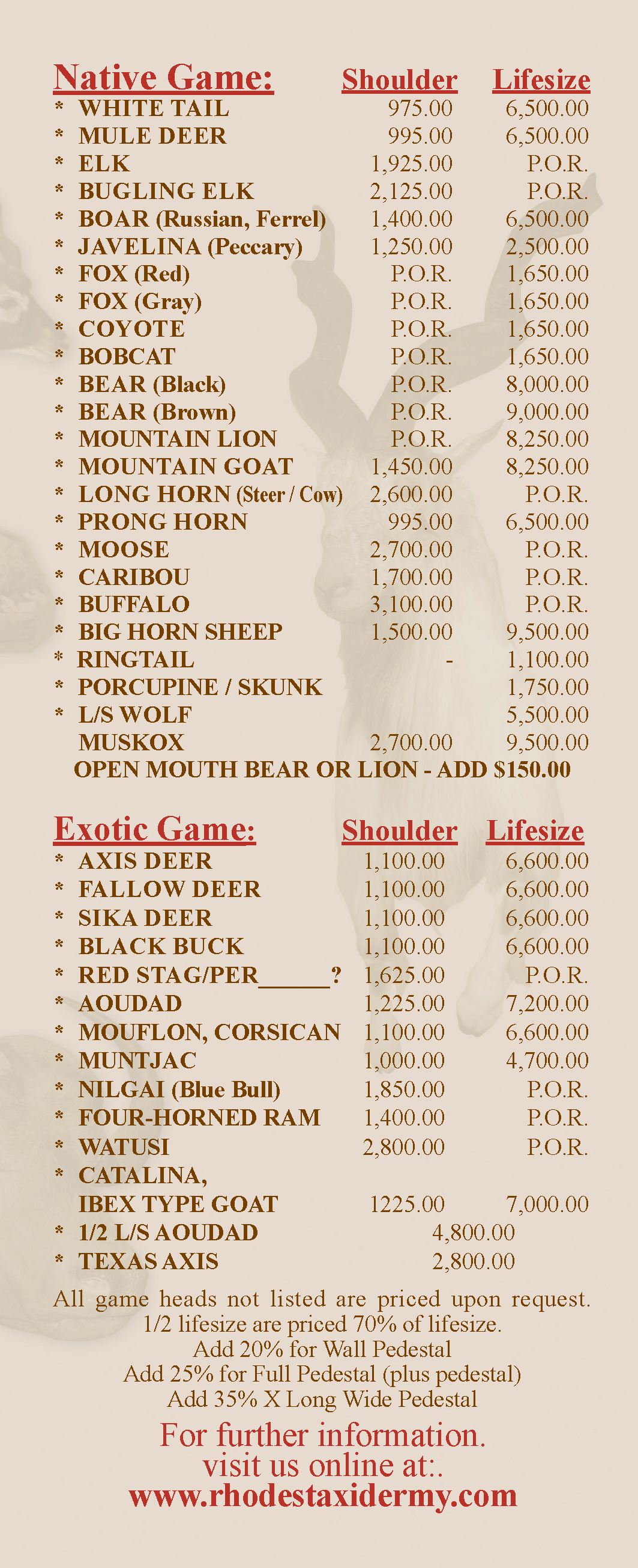 Taxidermy Price List