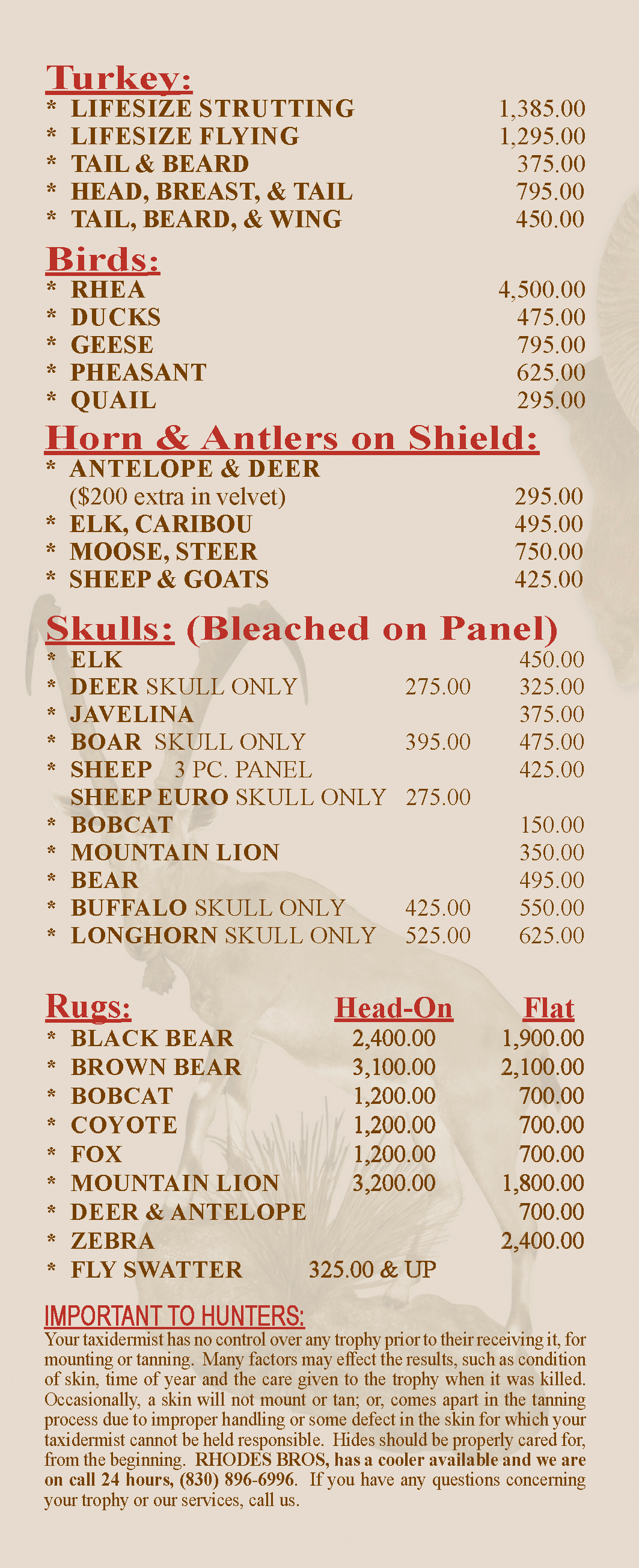 Taxidermy Price List