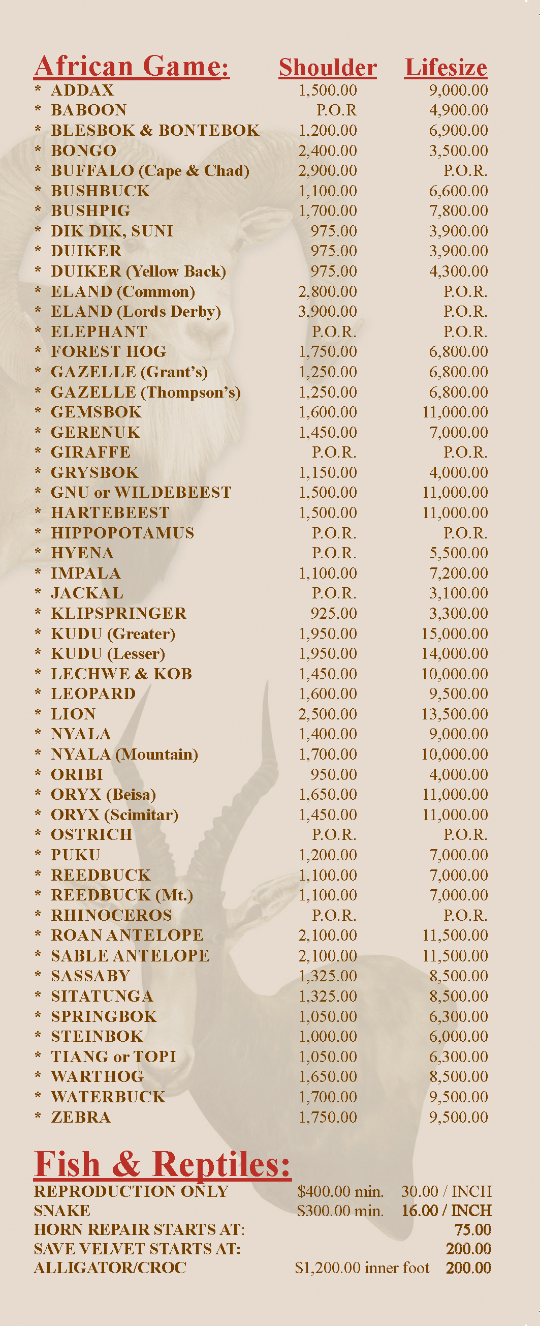 Taxidermy Price List